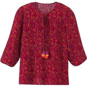 Matilda Jane Womens L Top Coral Reef Medallion Blouse Floral Gauzy Tassel Tie